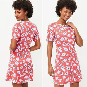LOFT Floral Flare Retro Shirt Dress Coral Red Blue White Size 14P | 14 Petite